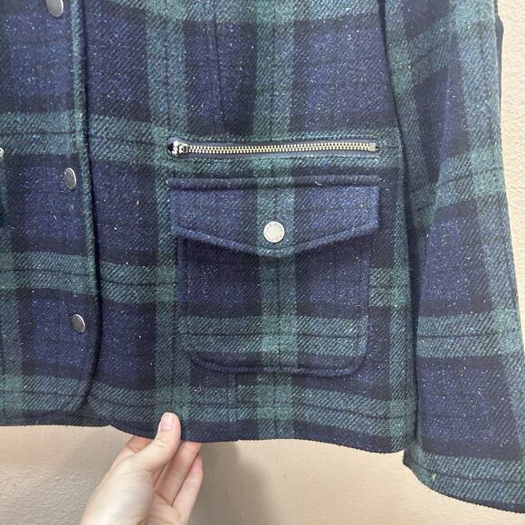 L.L.Bean PM Womens Wool Silk Coat Tartan Plaid Barn Green Snap Button Heritage - Picture 2 of 5